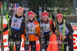 14.01.2015, Ruhpolding, Germany (GER): Franziska Preuss (GER), Franziska Hildebrand (GER), Vanessa Hinz (GER), Laura Dahlmeier (GER) - IBU world cup biathlon, relay women, Ruhpolding (GER). www.nordicfocus.com. © Manzoni/NordicFocus. Every downloaded picture is fee-liable.