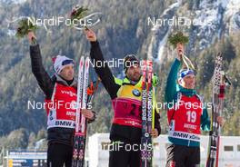 24.01.2015, Antholz, Italy (ITA): Ole Einar Bjoerndalen (NOR), Martin Fourcade (FRA), Eric Lesser (GER) - IBU world cup biathlon, pursuit men, Antholz (ITA). www.nordicfocus.com. © Manzoni/NordicFocus. Every downloaded picture is fee-liable.