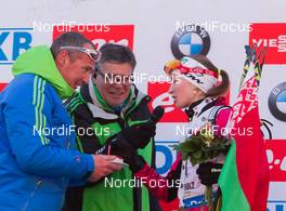 24.01.2015, Antholz, Italy (ITA): Borut Nunar (SLO) IBU race director, Darya Domracheva (BLR), Hermann Olitz (GER) - IBU world cup biathlon, pursuit women, Antholz (ITA). www.nordicfocus.com. © Manzoni/NordicFocus. Every downloaded picture is fee-liable.