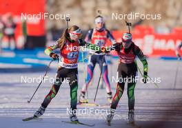 25.01.2015, Antholz, Italy (ITA): Darya Domracheva (BLR), Nadia Pisareva (BLR) - IBU world cup biathlon, relay women, Antholz (ITA). www.nordicfocus.com. © Manzoni/NordicFocus. Every downloaded picture is fee-liable.