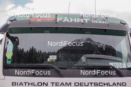 21.01.2015, Antholz, Italy (ITA): Event Feature: A mountain shines in the front shield of the germans wax truck - IBU world cup biathlon, training, Antholz (ITA). www.nordicfocus.com. © Manzoni/NordicFocus. Every downloaded picture is fee-liable.