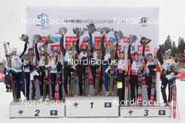 15.02.2015, Oslo, Norway (NOR): Event Feature: The winning teams of Italy, Czech Republic and France on the podium - IBU world cup biathlon Holmenkollen, relay women, Oslo (NOR). www.nordicfocus.com. © Manzoni/NordicFocus. Every downloaded picture is fee-liable.
