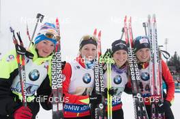 15.02.2015, Oslo, Norway (NOR): Marie Dorin (FRA), Coline Varcin (FRA), Enora Latuilliere (FRA), Anais Bescond (FRA) - IBU world cup biathlon Holmenkollen, relay women, Oslo (NOR). www.nordicfocus.com. © Manzoni/NordicFocus. Every downloaded picture is fee-liable.