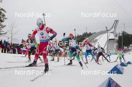15.02.2015, Oslo, Norway (NOR): Marte Olsbu (NOR) leads the field at the start - IBU world cup biathlon Holmenkollen, relay women, Oslo (NOR). www.nordicfocus.com. © Manzoni/NordicFocus. Every downloaded picture is fee-liable.