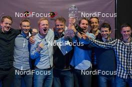 22.03.2015, Khanty-Mansiysk, Russia (RUS): Johannes Thingnes Boe (NOR), Tarjei Boe (NOR), Emil Hegle Svendsen (NOR), Henrik l'Abee-Lund (NOR), Christian Stebler (SUI), coach Team Switzerland, (l-r), Ole Einar Bjoerndalen (NOR) - IBU world cup biathlon, cups, Khanty-Mansiysk (RUS). www.nordicfocus.com. © Manzoni/NordicFocus. Every downloaded picture is fee-liable.