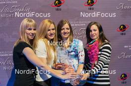 22.03.2015, Khanty-Mansiysk, Russia (RUS): Eva Puskarcikova (CZE), Gabriela Soukalova (CZE), Jitka Landova (CZE), Veronika Vitkova (CZE), (l-r) - IBU world cup biathlon, cups, Khanty-Mansiysk (RUS). www.nordicfocus.com. © Manzoni/NordicFocus. Every downloaded picture is fee-liable.