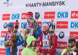 22.03.2015, Khanty-Mansiysk, Russia (RUS): Anton Shipulin (RUS), Jakov Fak (SLO), Tarjei Boe (NOR), (l-r) - IBU world cup biathlon, mass men, Khanty-Mansiysk (RUS). www.nordicfocus.com. © Manzoni/NordicFocus. Every downloaded picture is fee-liable.