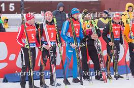 21.03.2015, Khanty-Mansiysk, Russia (RUS): Nathan Smith (CAN), Benedikt Doll (GER), Anton Shipulin (RUS), Martin Fourcade (FRA), Daniel Boehm (GER), (l-r) - IBU world cup biathlon, pursuit men, Khanty-Mansiysk (RUS). www.nordicfocus.com. © Manzoni/NordicFocus. Every downloaded picture is fee-liable.