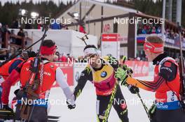 21.03.2015, Khanty-Mansiysk, Russia (RUS): Martin Fourcade (FRA), Nathan Smith (CAN), Benedikt Doll (GER), (l-r) - IBU world cup biathlon, pursuit men, Khanty-Mansiysk (RUS). www.nordicfocus.com. © Manzoni/NordicFocus. Every downloaded picture is fee-liable.