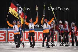 14.03.2015, Kontiolahti, Finland (FIN): Erik LESSER (GER), Daniel BOEHM (GER), Arnd PEIFFER (GER), Simon SCHEMPP (GER), Ole Einar BJOERNDALEN (NOR), Tarjei BOE (NOR),  Johannes Thingnes BOE (NOR),  Emil Hegle SVENDSEN (NOR), - IBU world championships biathlon, relay men, Kontiolahti (FIN). www.nordicfocus.com. © Evgeny Tumashov / NordicFocus. Every downloaded picture is fee-liable.