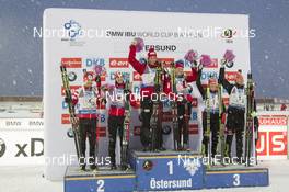 29.11.2015, Oestersund, Sweden (SWE): Nathan Smith (CAN), Rosanna Crawford (CAN), Lars Helge Birkeland (NOR), Kaia Woeien Nicolaisen (NOR), Maren Hammerschmidt (GER), Daniel Boehm (GER) - IBU world cup biathlon, single mixed relay, Oestersund (SWE). www.nordicfocus.com. © Manzoni/NordicFocus. Every downloaded picture is fee-liable.