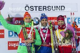05.12.2015, Oestersund, Sweden (SWE): Arnd Peiffer (GER), Martin Fourcade (FRA), Ole Einar Bjoerndalen (NOR), (l-r) - IBU world cup biathlon, sprint men, Oestersund (SWE). www.nordicfocus.com. © Manzoni/NordicFocus. Every downloaded picture is fee-liable.