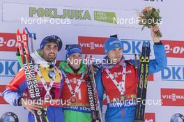 19.12.2015, Pokljuka, Slovenia (SLO): Martin Fourcade (FRA), Simon Schempp (GER), Anton Shipulin (RUS), (l-r) -  IBU world cup biathlon, pursuit men, Pokljuka (SLO). www.nordicfocus.com. © Manzoni/NordicFocus. Every downloaded picture is fee-liable.
