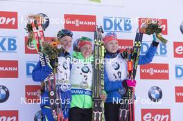 19.12.2015, Pokljuka, Slovenia (SLO): Marie Dorin (FRA), Laura Dahlmeier (GER), Kaisa Maekaeraeinen (FIN), (l-r) -  IBU world cup biathlon, pursuit women, Pokljuka (SLO). www.nordicfocus.com. © Manzoni/NordicFocus. Every downloaded picture is fee-liable.