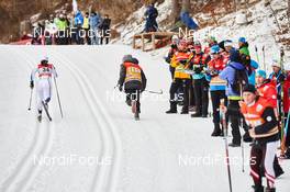 07.01.2015, Cortina-Toblach, Italy (ITA): Anna Haag (SWE),  passes the coaches - FIS world cup cross-country, tour de ski, 5km women, Cortina-Toblach (ITA). www.nordicfocus.com. © Felgenhauer/NordicFocus. Every downloaded picture is fee-liable.