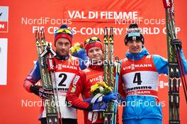 11.01.2015, Val di Fiemme, Italy (ITA): Petter Northug (NOR), Martin Johnsrud Sundby (NOR), Evgeniy Belov (RUS), (l-r) - FIS world cup cross-country, tour de ski, final climb men, Val di Fiemme (ITA). www.nordicfocus.com. © Felgenhauer/NordicFocus. Every downloaded picture is fee-liable.