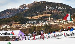10.01.2015, Val di Fiemme, Italy (ITA): Eldar Roenning (NOR), Evgeniy Belov (RUS), Daniel Richardsson (SWE), Dario Cologna (SUI), Calle Halfvarsson (SWE), Niklas Dyrhaug (NOR), Martin Johnsrud Sundby (NOR), (l-r)  - FIS world cup cross-country, tour de ski, mass men, Val di Fiemme (ITA). www.nordicfocus.com. © Felgenhauer/NordicFocus. Every downloaded picture is fee-liable.