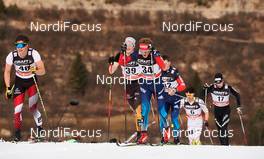 10.01.2015, Val di Fiemme, Italy (ITA): Max Hauke (AUT), Andy Kuehne (GER), Dmitriy Japarov (RUS), Andrey Larkov (RUS), (l-r)  - FIS world cup cross-country, tour de ski, mass men, Val di Fiemme (ITA). www.nordicfocus.com. © Felgenhauer/NordicFocus. Every downloaded picture is fee-liable.