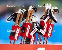 10.01.2015, Val di Fiemme, Italy (ITA): Swix poles waiting for the flower ceremony - FIS world cup cross-country, tour de ski, mass men, Val di Fiemme (ITA). www.nordicfocus.com. © Felgenhauer/NordicFocus. Every downloaded picture is fee-liable.