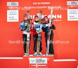 10.01.2015, Val di Fiemme, Italy (ITA): Marit Bjoergen (NOR), Therese Johaug (NOR), Heidi Weng (NOR), (l-r) - FIS world cup cross-country, tour de ski, mass women, Val di Fiemme (ITA). www.nordicfocus.com. © Felgenhauer/NordicFocus. Every downloaded picture is fee-liable.