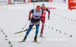 18.01.2015, Otepaeae, Estland (EST): Sergey Ustiugov (RUS), Fischer, Swix, Rottefella, Adidas followed by Finn Haagen Krogh (NOR), Fischer, Swix, Alpina, Rottefella  - FIS world cup cross-country, team sprint, Otepaeae (EST). www.nordicfocus.com. © Laiho/NordicFocus. Every downloaded picture is fee-liable.