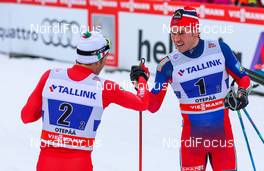 18.01.2015, Otepaeae, Estland (EST): (l-r) Federico Pellegrino (ITA), Rossignol, Rottefella and Paal Golberg (NOR), Madshus, KV+, Rottefella - FIS world cup cross-country, team sprint, Otepaeae (EST). www.nordicfocus.com. © Laiho/NordicFocus. Every downloaded picture is fee-liable.