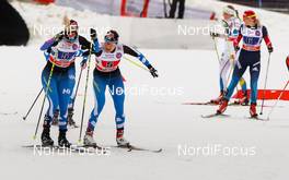 18.01.2015, Otepaeae, Estland (EST): changeover (l-r) Riikka Sarasoja-Lilja (FIN), Salomon, One Way and Aino-Kaisa Saarinen (FIN), Rossignol, One Way, Rottefella - FIS world cup cross-country, team sprint, Otepaeae (EST). www.nordicfocus.com. © Laiho/NordicFocus. Every downloaded picture is fee-liable.