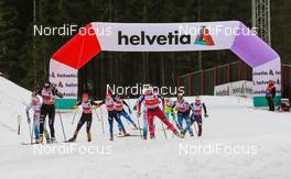 18.01.2015, Otepaeae, Estland (EST): (l-r) Justyna Kowalczyk (POL), Fischer, Swix, Rottefella, Hanna Kolb (GER), Madshus, Swix, Adidas, Anastasia Dotsenko (RUS), Fischer, Swix, Alpina, Rottefella, Adidas and Maiken Caspersen Falla (NOR), Fischer, Swix, Rottefella  - FIS world cup cross-country, team sprint, Otepaeae (EST). www.nordicfocus.com. © Laiho/NordicFocus. Every downloaded picture is fee-liable.