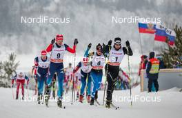 25.01.2015, Rybinsk, Russia (RUS): (l-r) Stanislav Volzhentsev (RUS), Fischer, Swix, Adidas, Matti Heikkinen (FIN), Salomon, One Way and Dario Cologna (SUI), Fischer, One Way, Rottefella, Odlo - FIS world cup cross-country, skiathlon men, Rybinsk (RUS). www.nordicfocus.com. © Laiho/NordicFocus. Every downloaded picture is fee-liable.