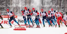 25.01.2015, Rybinsk, Russia (RUS): (l-r) Maxim Vylegzhanin (RUS), Fischer, Swix, Alpina, Rottefella, Adidas, Alexander Legkov (RUS), Rossignol, Swix, Rottefella, Adidas, Alexander Bessmertnykh (RUS), Madhus, Swix, Alpina, Rottefella, Adidas, Sergey Turyshev (RUS), Fischer, Swix, Rottefella, Adidas and Konstantin Glavatskikh (RUS) - FIS world cup cross-country, skiathlon men, Rybinsk (RUS). www.nordicfocus.com. © Laiho/NordicFocus. Every downloaded picture is fee-liable.