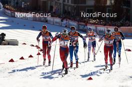 11.03.2015, Drammen, Norway (NOR): Astrid Uhrenholdt Jacobsen (NOR), Ingvild Flugstad Oestberg (NOR), Mona-Lisa Malvalehto (FIN), Sadie Bjornsen (USA), Maiken Caspersen Falla (NOR), Aino-Kaisa Saarinen (FIN), (l-r)  - FIS world cup cross-country, individual sprint, Drammen (NOR). www.nordicfocus.com. © Felgenhauer/NordicFocus. Every downloaded picture is fee-liable.