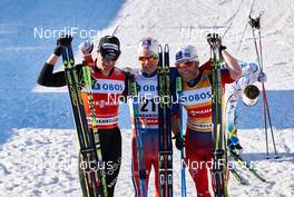 14.03.2015, Oslo, Norway (NOR): Dario Cologna (SUI), Sjur Roethe (NOR), Martin Johnsrud Sundby (NOR), (l-r)  - FIS world cup cross-country, mass men, Oslo (NOR). www.nordicfocus.com. © Felgenhauer/NordicFocus. Every downloaded picture is fee-liable.