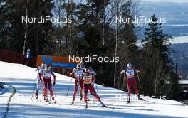 15.03.2015, Oslo, Norway (NOR): Astrid Uhrenholdt Jacobsen (NOR), Therese Johaug (NOR), Marit Bjoergen (NOR), Heidi Weng (NOR), (l-r)  - FIS world cup cross-country, mass women, Oslo (NOR). www.nordicfocus.com. © Felgenhauer/NordicFocus. Every downloaded picture is fee-liable.