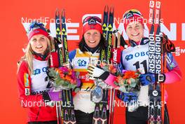 15.03.2015, Oslo, Norway (NOR): (l-r) Therese Johaug (NOR), Fischer, Swix, Rottefella, Marit Bjoergen (NOR), Fischer, Swix, Rottefella and Astrid Uhrenholdt Jacobsen (NOR) Rossignol, Rottefella - FIS world cup cross-country, mass women, Oslo (NOR). www.nordicfocus.com. © Laiho/NordicFocus. Every downloaded picture is fee-liable.