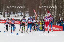 28.02.2015, Falun, Sweden (SWE): Ingvild Flugstad Oestberg (NOR), Riitta-Liisa Roponen (FIN), Celia Aymonier (FRA), Natalia Zhukova (RUS), Seraina Boner (SUI), Rosie Brennan (USA), Anne Kylloenen (FIN), Nathalie Von Siebenthal (SUI), (l-r)  - FIS nordic world ski championships, cross-country, 30km women, Falun (SWE). www.nordicfocus.com. © NordicFocus. Every downloaded picture is fee-liable.
