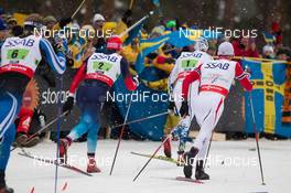 27.02.2015, Falun, Sweden (SWE): Johan Olsson (SWE), Alexander Bessmertnykh (RUS), Iivo Niskanen (FIN), Didrik Toenseth (NOR), (l-r)  - FIS nordic world ski championships, cross-country, 4x10km men, Falun (SWE). www.nordicfocus.com. © NordicFocus. Every downloaded picture is fee-liable.