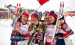 26.02.2015, Falun, Sweden (SWE): Astrid Uhrenholdt Jacobsen (NOR), Therese Johaug (NOR), Marit Bjoergen (NOR), Heidi Weng (NOR), (l-r)  - FIS nordic world ski championships, cross-country, 4x5km women, Falun (SWE). www.nordicfocus.com. © NordicFocus. Every downloaded picture is fee-liable.
