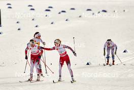 26.02.2015, Falun, Sweden (SWE): Astrid Uhrenholdt Jacobsen (NOR), Maria Rydqvist (SWE), Therese Johaug (NOR), Charlotte Kalla (SWE), (l-r)  - FIS nordic world ski championships, cross-country, 4x5km women, Falun (SWE). www.nordicfocus.com. © NordicFocus. Every downloaded picture is fee-liable.