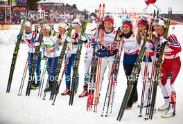 26.02.2015, Falun, Sweden (SWE): Sofia Bleckur (SWE), Charlotte Kalla (SWE), Maria Rydqvist (SWE), Stina Nilsson (SWE), Astrid Uhrenholdt Jacobsen (NOR), Heidi Weng (NOR), Therese Johaug (NOR), Marit Bjoergen (NOR), (l-r)  - FIS nordic world ski championships, cross-country, 4x5km women, Falun (SWE). www.nordicfocus.com. © NordicFocus. Every downloaded picture is fee-liable.