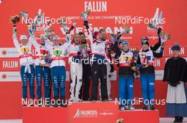 26.02.2015, Falun, Sweden (SWE): Sofia Bleckur (SWE), Charlotte Kalla (SWE), Maria Rydqvist (SWE), Stina Nilsson (SWE), Heidi Weng (NOR), Therese Johaug (NOR), Astrid Uhrenholdt Jacobsen (NOR), Marit Bjoergen (NOR), Aino-Kaisa Saarinen (FIN), Kerttu Niskanen (FIN), Riitta-Liisa Roponen (FIN), Krista Parmakoski (FIN), (l-r)  - FIS nordic world ski championships, cross-country, 4x5km women, Falun (SWE). www.nordicfocus.com. © NordicFocus. Every downloaded picture is fee-liable.