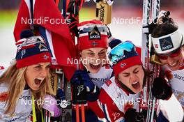 26.02.2015, Falun, Sweden (SWE): Therese Johaug (NOR), Astrid Uhrenholdt Jacobsen (NOR), Heidi Weng (NOR), (l-r)  - FIS nordic world ski championships, cross-country, 4x5km women, Falun (SWE). www.nordicfocus.com. © NordicFocus. Every downloaded picture is fee-liable.