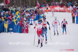 26.02.2015, Falun, Sweden (SWE): Heidi Weng (NOR), Aino-Kaisa Saarinen (FIN), (l-r)  - FIS nordic world ski championships, cross-country, 4x5km women, Falun (SWE). www.nordicfocus.com. © NordicFocus. Every downloaded picture is fee-liable.