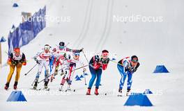 26.02.2015, Falun, Sweden (SWE): Victoria Carl (GER), Sofia Bleckur (SWE), Sadie Bjornsen (USA), Anastasia Dotsenko (RUS), Aino-Kaisa Saarinen (FIN), (l-r)  - FIS nordic world ski championships, cross-country, 4x5km women, Falun (SWE). www.nordicfocus.com. © NordicFocus. Every downloaded picture is fee-liable.