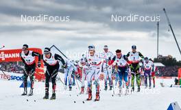 21.02.2015, Falun, Sweden (SWE): Jonas Baumann (SUI), Dario Cologna (SUI), Marcus Hellner (SWE), Evgeniy Belov (RUS), Maurice Manificat (FRA), (l-r)  - FIS nordic world ski championships, cross-country, skiathlon men, Falun (SWE). www.nordicfocus.com. © NordicFocus. Every downloaded picture is fee-liable.