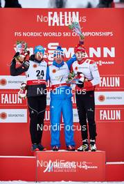 21.02.2015, Falun, Sweden (SWE): Dario Cologna (SUI), Maxim Vylegzhanin (RUS), Alex Harvey (CAN), (l-r) - FIS nordic world ski championships, cross-country, skiathlon men, Falun (SWE). www.nordicfocus.com. © NordicFocus. Every downloaded picture is fee-liable.