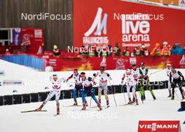 21.02.2015, Falun, Sweden (SWE): Marcus Hellner (SWE), Maxim Vylegzhanin (RUS), Evgeniy Belov (RUS), Alex Harvey (CAN), Niklas Dyrhaug (NOR), Jean Marc Gaillard (FRA), (l-r)  - FIS nordic world ski championships, cross-country, skiathlon men, Falun (SWE). www.nordicfocus.com. © NordicFocus. Every downloaded picture is fee-liable.