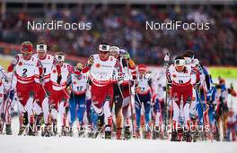 21.02.2015, Falun, Sweden (SWE): Therese Johaug (NOR), Marit Bjoergen (NOR), Heidi Weng (NOR), (l-r)  - FIS nordic world ski championships, cross-country, skiathlon women, Falun (SWE). www.nordicfocus.com. © NordicFocus. Every downloaded picture is fee-liable.