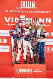21.02.2015, Falun, Sweden (SWE): Astrid Uhrenholdt Jacobsen (NOR), Therese Johaug (NOR), Charlotte Kalla (SWE), (l-r) - FIS nordic world ski championships, cross-country, skiathlon women, Falun (SWE). www.nordicfocus.com. © NordicFocus. Every downloaded picture is fee-liable.