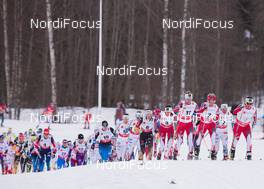 21.02.2015, Falun, Sweden (SWE): Marit Bjoergen (NOR), Therese Johaug (NOR), Astrid Uhrenholdt Jacobsen (NOR), Heidi Weng (NOR), Charlotte Kalla (SWE), (l-r)  - FIS nordic world ski championships, cross-country, skiathlon women, Falun (SWE). www.nordicfocus.com. © NordicFocus. Every downloaded picture is fee-liable.