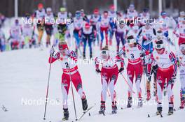 21.02.2015, Falun, Sweden (SWE): Therese Johaug (NOR), Astrid Uhrenholdt Jacobsen (NOR), Heidi Weng (NOR), Marit Bjoergen (NOR), Charlotte Kalla (SWE), (l-r)  - FIS nordic world ski championships, cross-country, skiathlon women, Falun (SWE). www.nordicfocus.com. © NordicFocus. Every downloaded picture is fee-liable.